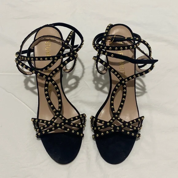 Stuart Weitzman Black and Gold Studded Heels - Picture 3 of 9